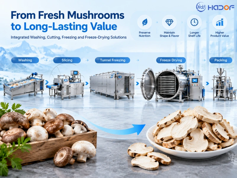 Freeze-Dried Mushroom at Industrial Scale Tunnel Pre-Freezing Meets a 100kg batch Plant